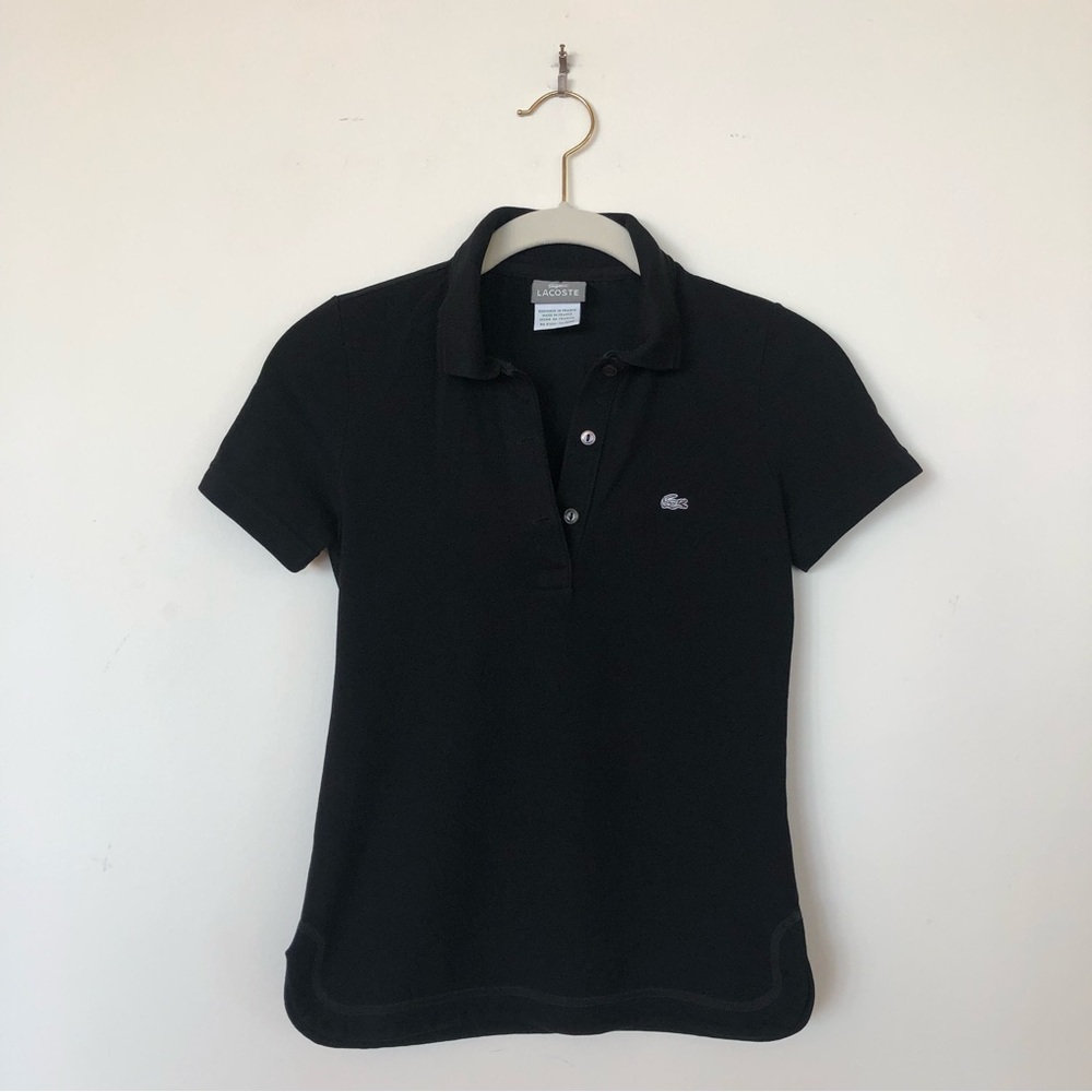 Lacoste F4811 Size 34 Black Piqué Cotton Polo Shirt with Gray Crocodile Logo